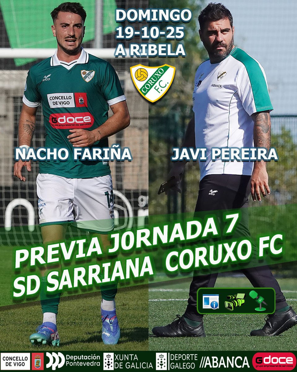 ▶️Previa 7ªJornada
🟡<a href="/SDSarriana/">SD Sarriana</a> 
🟢<a href="/CoruxoFCoficial/">Coruxo FC ⚒️</a> 
🗓️Domingo 19-10-25
🕔17,00 h. 🏟️A Ribela 

📶📹🎙️
youtu.be/RJsMZC8q1qI?si…
