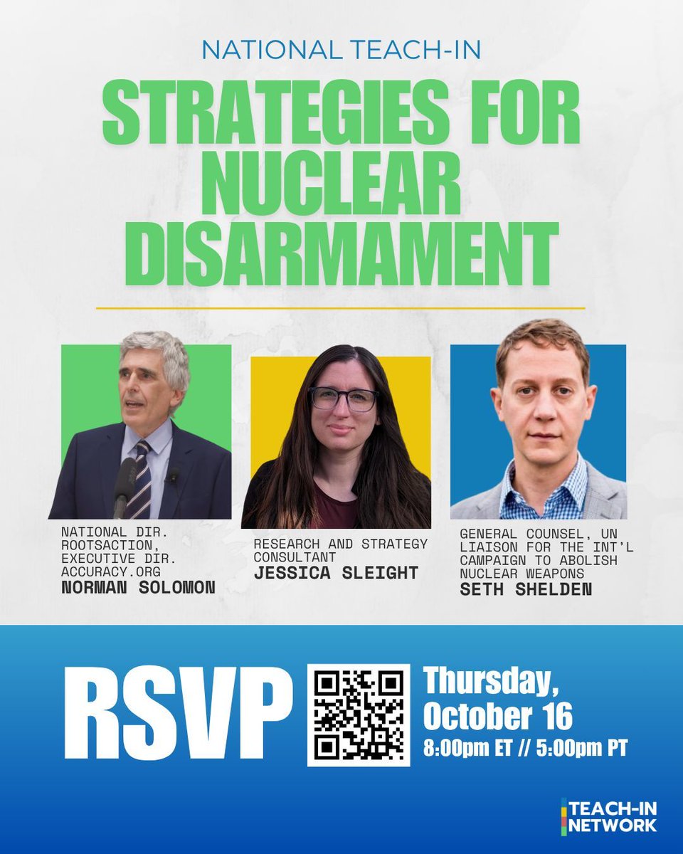 TONIGHT: Join us for a teach-in on how activists and experts are working toward a better nuclear status quo, featuring <a href="/jmsleight/">Jessica Sleight (she/her)</a> <a href="/SethShelden/">Seth Shelden</a> <a href="/normansolomon/">Norman Solomon</a>.

Register here: us06web.zoom.us/webinar/regist…