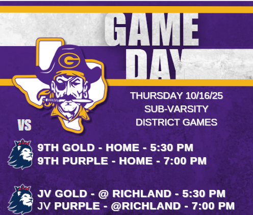 🏴‍☠️IT'S SUB-VARSITY DISTRICT GAMEDAY 🏴‍☠️
📅 Thursday, October 16th

9th Gold/Purple vs Richland ⏰5:30/7:00 PM
🎟️granburypirates.com/HTtickets

JV Gold/Purple @ Richland ⏰5:30/7:00 PM
🎟️gofan.co/app/school/TX9…
📍5201 Holiday Lane East, North Richland Hills, TX 76180