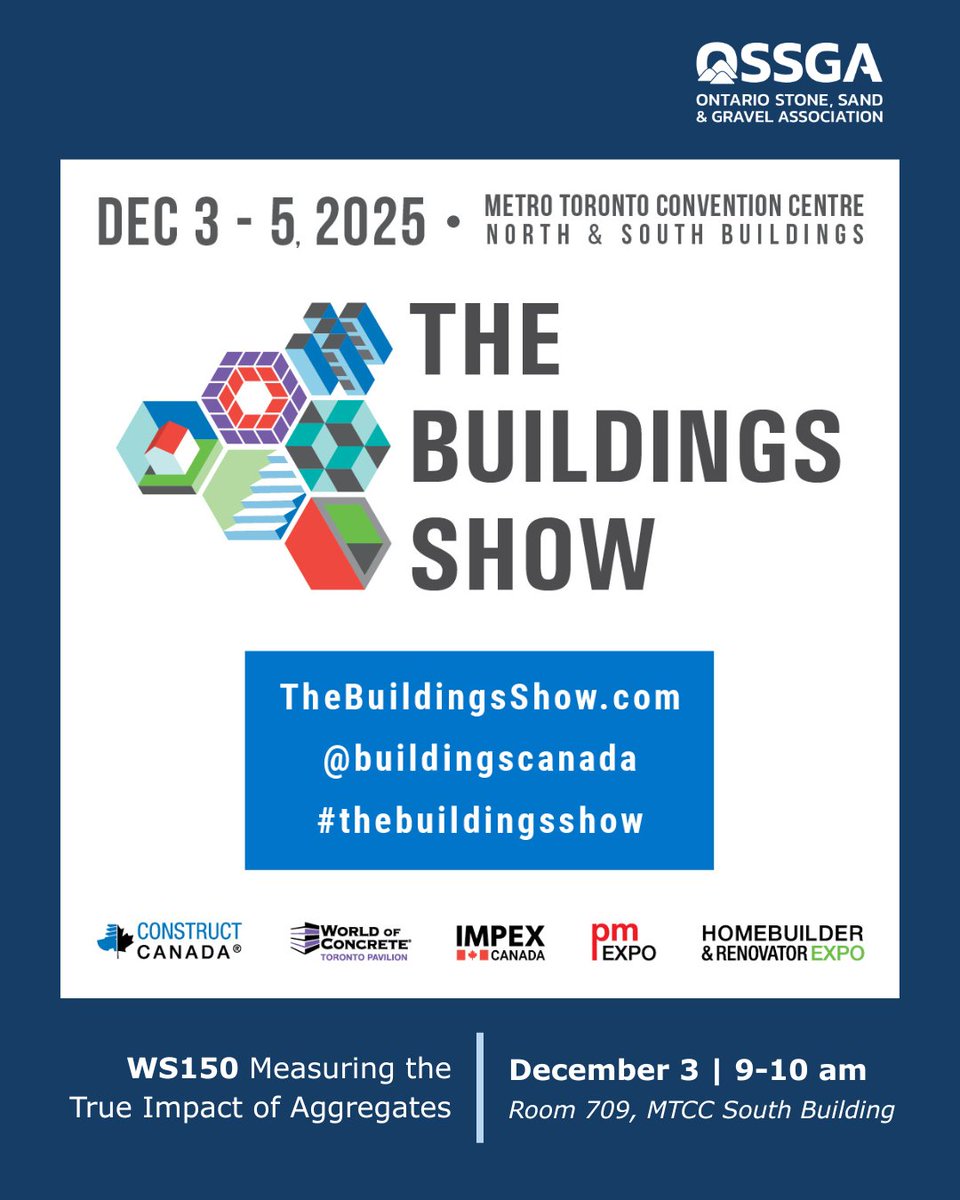 _OSSGA's tweet image. 🏗️ OSSGA will be at The Buildings Show on Wednesday, December 3 from 9 to 10 am!

Come by room 709 in the Metro Toronto Convention Centre South Building to dive deep into the complete lifecycle of aggregates in Ontario.

🔗 Learn more: informaconnect.com/the-buildings-…