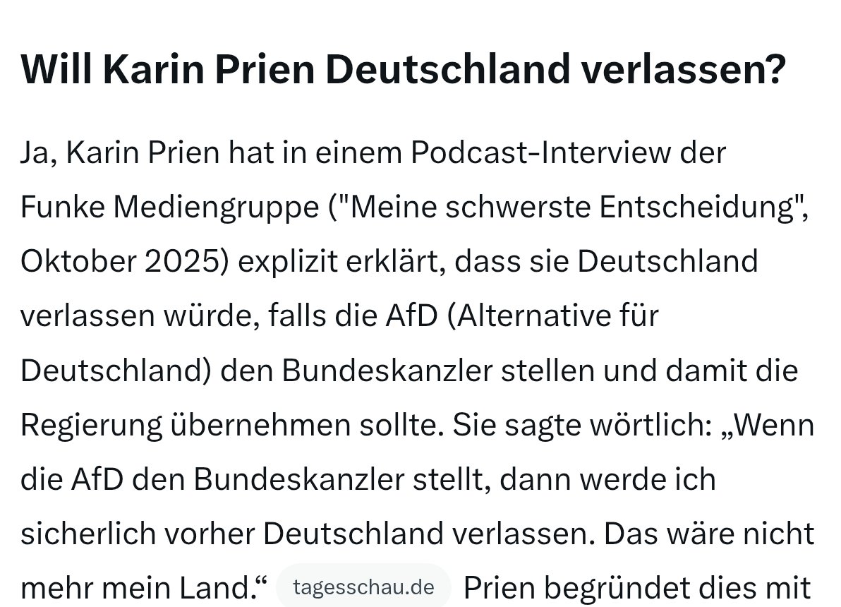 Das erklärt sich von selbst. Sie wird Deutschland verlassen müssen,denn mit einer AFD werden all diese Schandtaten aufgedeckt und nicht nur von Prien.