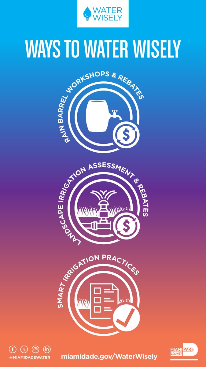 From landscape irrigation rebates to smart irrigation practices, there are so many ways you can conserve water and save money when you #WaterWisely.

Learn how to receive a free assessment of your irrigation system &amp; more by visiting.
miamidade.gov/waterwisely