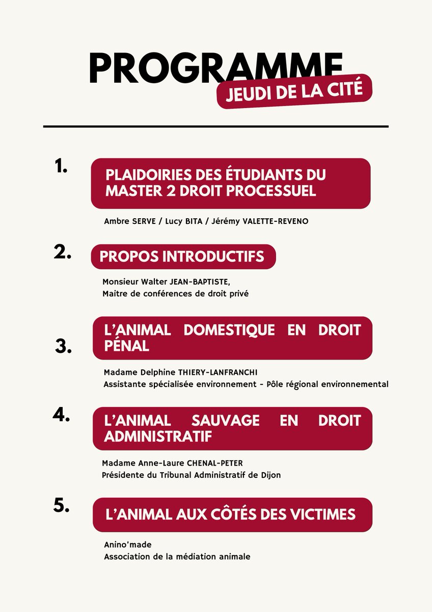 🐾 Reporté l'an dernier, le Jeudi de la Cité consacré à l'animal et la justice fait son grand retour le jeudi 6 novembre !

Compagnon, habitant du monde sauvage ou nouvellement présent aux côtés des victimes, l'animal interpelle aujourd'hui le droit dans toutes ses dimensions !
