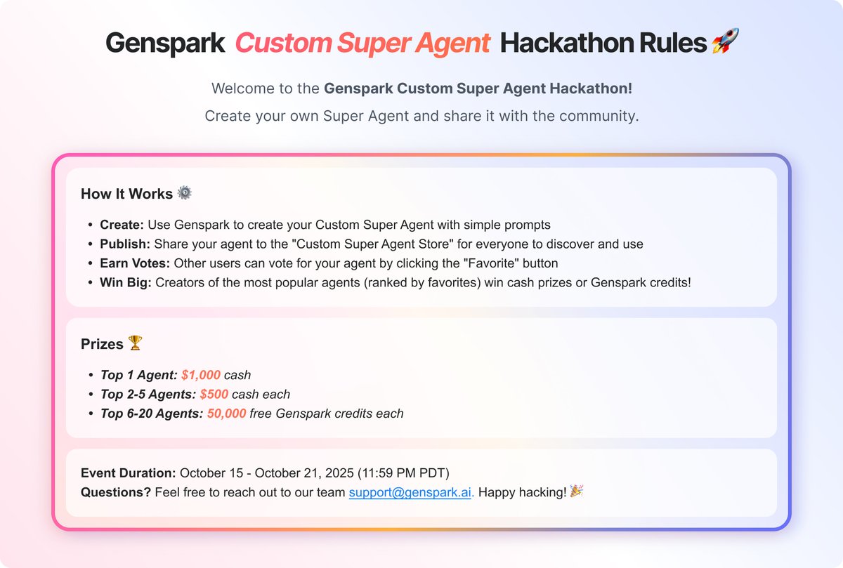 Ronycoder's tweet image. 🚀 Honestly? Just Give It a Try
Try it here → <a style="text-decoration: none;" rel="nofollow" target="_blank" href="https://www.genspark.ai/custom_super_agent/store">genspark.ai/custom_super_a…</a>
The hackathon is optional — but here’s why you should build one anyway:
→ 🎁 Free credits to start
→ ⚡ Faster than re-explaining prompts to ChatGPT every time
→ 💾 Your agent stays saved & improves with…