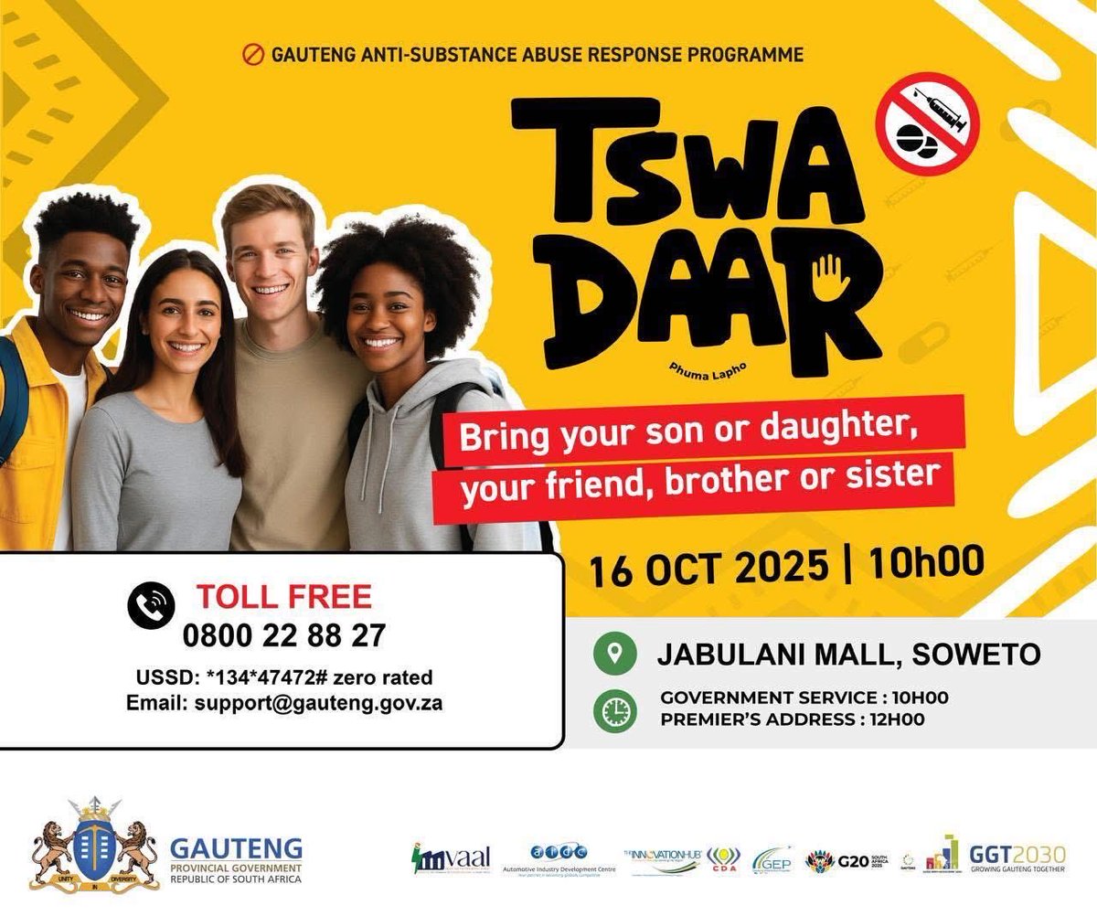 gpgSocDev's tweet photo. Earlier today, #PremierLesufi and MEC @FaithMazibukoSA joined by various @GautengProvince Departments, private companies and NPOs, led the Gauteng Anti-Substance Abuse Response Programme #TswaDaar at #Jabulani #Soweto @JabulaniMall @CityofJoburgZA
#GautengAtWork
#KeMoja #GGT https://t.co/is8ZsZHdy1