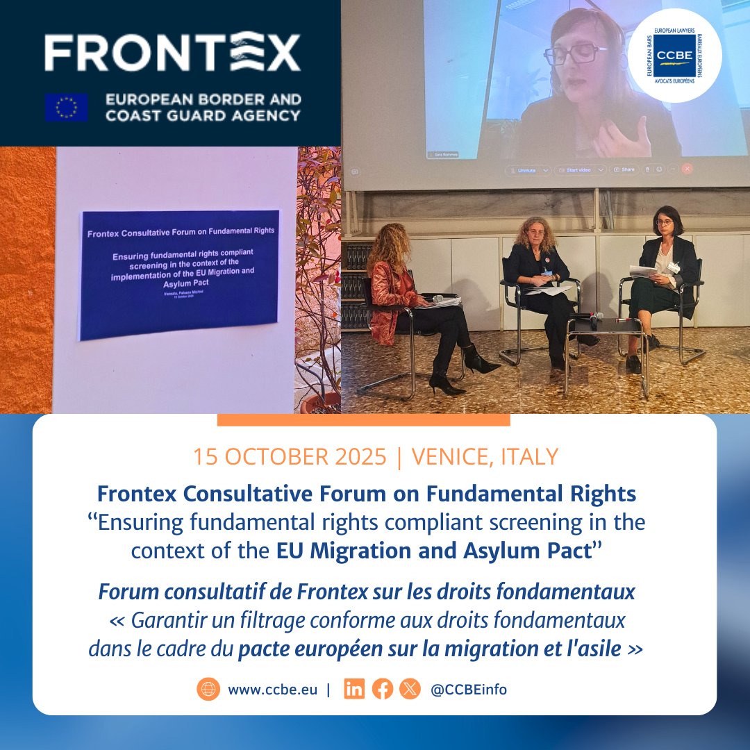 🗓Le Forum consultatif <a href="/Frontex/">Frontex</a> a organisé un séminaire sur la manière de garantir que le règlement sur le filtrage soit mis en œuvre dans le respect des droits fondamentaux. Le CCBE, membre du Forum, a animé une table dédiée aux garanties procédurales &amp; au contrôle indépendant