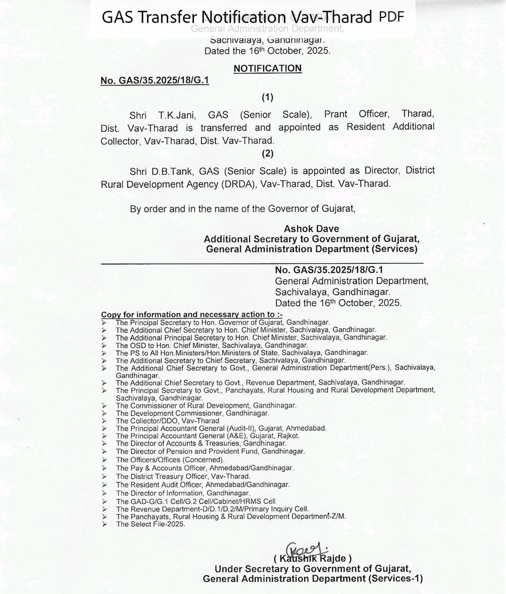PiyushSolanki2's tweet image. વાવ-થરાદ જિલ્લામાં અધિકારીઓની બદલી

👉 T.K. જાનીની પ્રાંત અધિકારી, થરાદ પરથી રેસિડન્ટ એડિશનલ કલેક્ટર તરીકે નિમણૂક
👉 D.B. ટાંકને જિલ્લા ગ્રામ વિકાસ એજન્સી (DRDA), વાવ-થરાદના ડિરેક્ટર તરીકે નિમણૂક
#Gujarat #TransferOrder #VavTharad #Bureaucracy