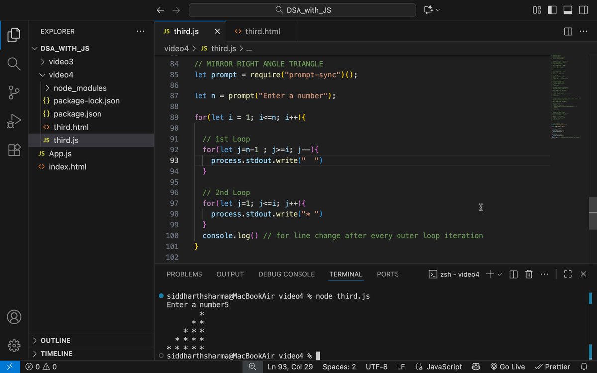 AmanSha01749335's tweet image. Today’s pattern practice in JavaScript:
- Inverted Triangle
-Mirror Right Triangle
Also gave a try to Pyramid & X patterns — not perfect yet, but I always try myself first before watching the tutorial
Small progress today...
#DSA #JavaScript #BuildInPublic