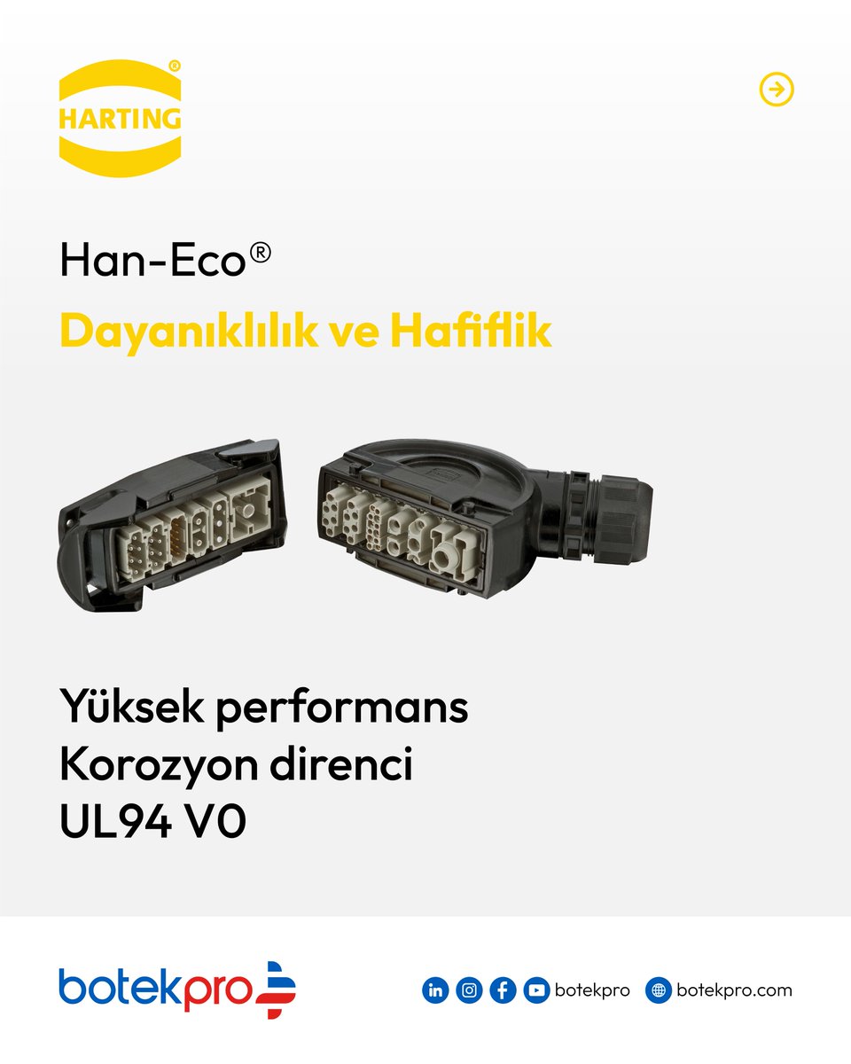 botek_pro's tweet image. Han-Eco® konnektörleri; Click &amp;amp; Mate bağlantı konsepti, hafif ama dayanıklı plastik gövde, korozyon direnci ve UL94 V0 yanmazlık sınıfıyla zorlu endüstriyel ortamlara uygun çözümler sunar.

+90 212 210 94 27
 satis@botekpro.com
 botekpro.com

#BotekPro #HanEco #HARTING…
