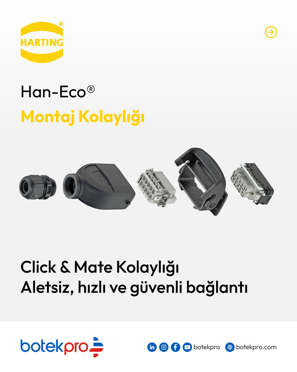 botek_pro's tweet image. Han-Eco® konnektörleri; Click &amp;amp; Mate bağlantı konsepti, hafif ama dayanıklı plastik gövde, korozyon direnci ve UL94 V0 yanmazlık sınıfıyla zorlu endüstriyel ortamlara uygun çözümler sunar.

+90 212 210 94 27
 satis@botekpro.com
 botekpro.com

#BotekPro #HanEco #HARTING…