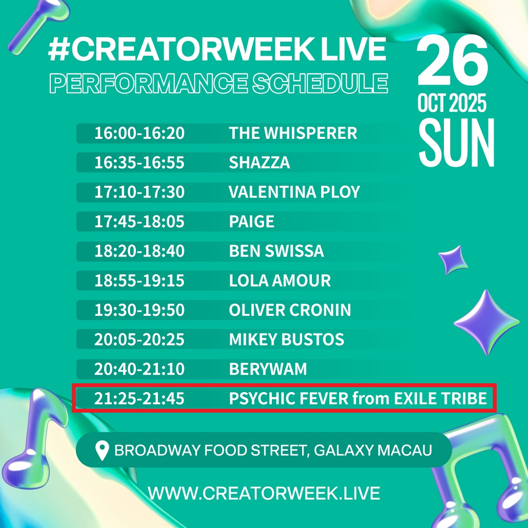 psyfe_global's tweet image. [🗓️] OCTOBER SCHEDULE UPDATE

#PSYCHICFEVER is confirmed to perform on October 26th at CREATORWEEK MACAO 2025!🔥

🗓️26 October (Sun)
⏰9:25PM - 9:45PM (CST)
📍Broadway Food Street, Galaxy Macau

※Free admission

Details: instagram.com/p/DP3o508AXB0/

#CREATORWEEK #CWMacao…