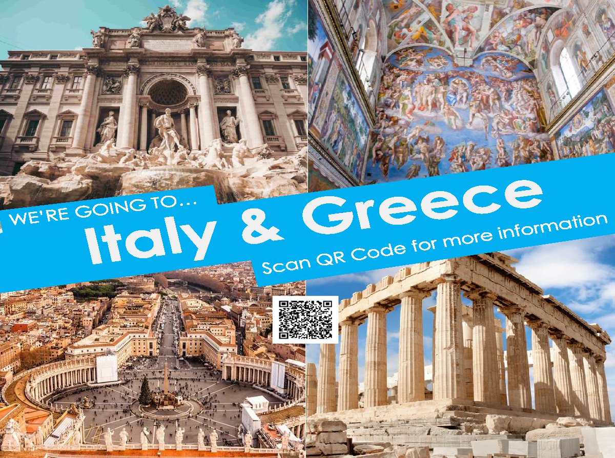We’re thrilled to share that we’re heading to Italy &amp; Greece in Summer 2027, and we’d love for your student to join us!
Parent registration is required to attend an informational meeting on Thursday, October 30, so please sign up today!! rsvp.eftours.com/6z5ve5c