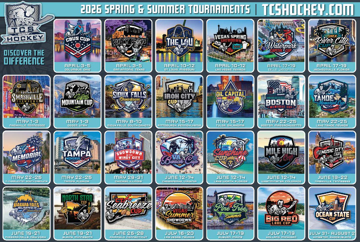 📷 2025-26 SPRING-SUMMER TOURNAMENTS 📷

Looking for fun and competitive tournaments for the spring-summer season?  

TCSHockey has a slew of events across the country for teams of all levels!  

See what tournaments work best for your team and register at TCSHOCKEY.com