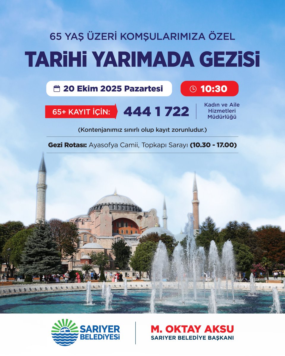65 Yaş Üzeri Komşularımıza Özel Tarihi Yarımada Gezisi!

Ayasofya Camii ve Topkapı Sarayı’nı kapsayan bu gezide, tarih kokan sokaklar Sarıyerli komşularımızı bekliyor.

📅 20 Ekim Pazartesi
🕥 10.30 – 17.00
📞 Kayıt: 444 1 722 (Kadın ve Aile Hizmetleri Müdürlüğü)