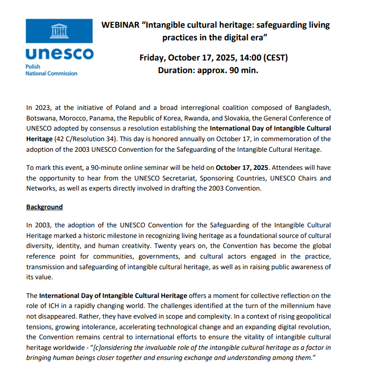 Discover how living cultural heritage thrive in the digital age!
Join us tomorrow at the webinar “Intangible Cultural Heritage: Safeguarding Living Practices in the Digital Era” 
🗓️ October 17, 2025 | Online | 14:00 CEST
teams.microsoft.com/meet/394858211…