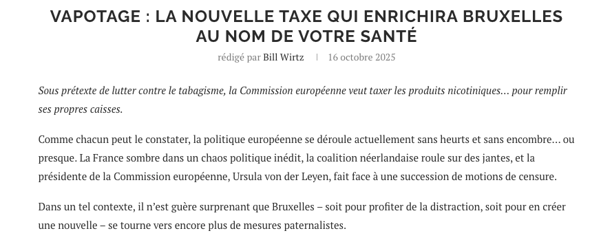 cccfrancais's tweet photo. Dans un tel contexte, il n’est guère surprenant que Bruxelles – soit pour profiter de la distraction, soit pour en créer une nouvelle – se tourne vers encore plus de mesures paternalistes

Article de @wirtzbill publié dans @LCAgora sur la nouvelle taxe sur le vapotage dans l’UE https://t.co/KhOAcrGxeS
