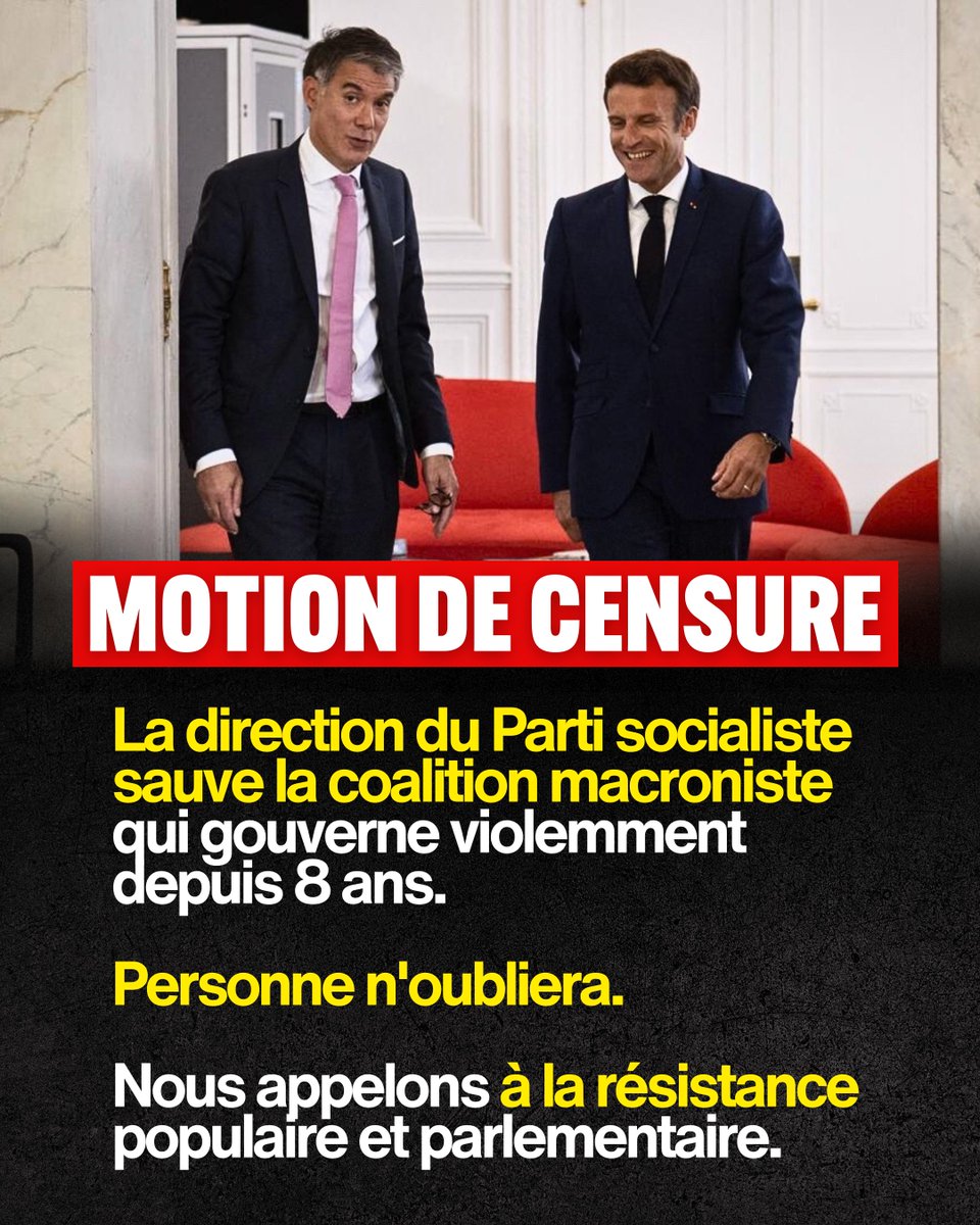 Aucun électeur du Nouveau front populaire n'oubliera le choix de la direction du PS de sauver la coalition macroniste qui brise des vies.

Nous combattrons pied à pied, article par article, le budget Lecornu.

Pour tenir nos engagements. Pour protéger les Français.