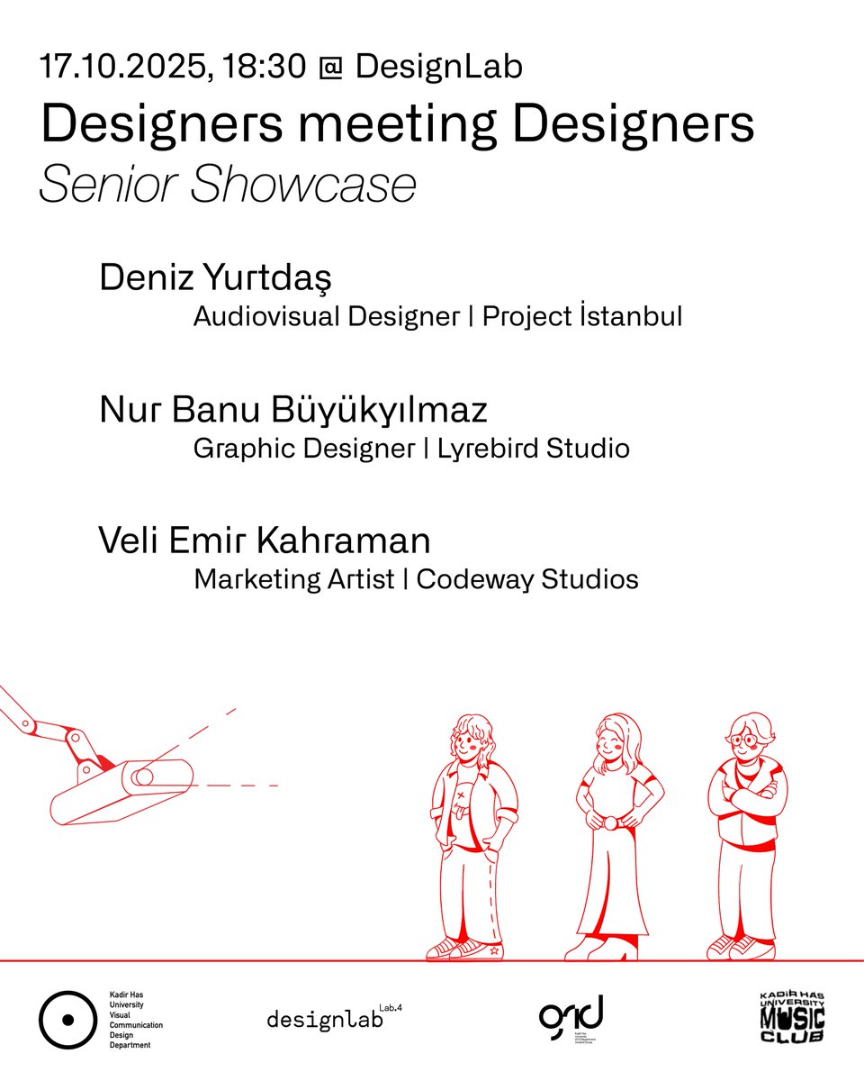 khas_vcd's tweet photo. Tomorrow our grads Deniz Yurtdaş, Nur Banu Büyükyılmaz, and Veli Emir Kahraman will be with us for the Senior Showcase as part of the Designers Meeting Designers event at 18:30 in DesignLab! https://t.co/QtCwVSEvMu