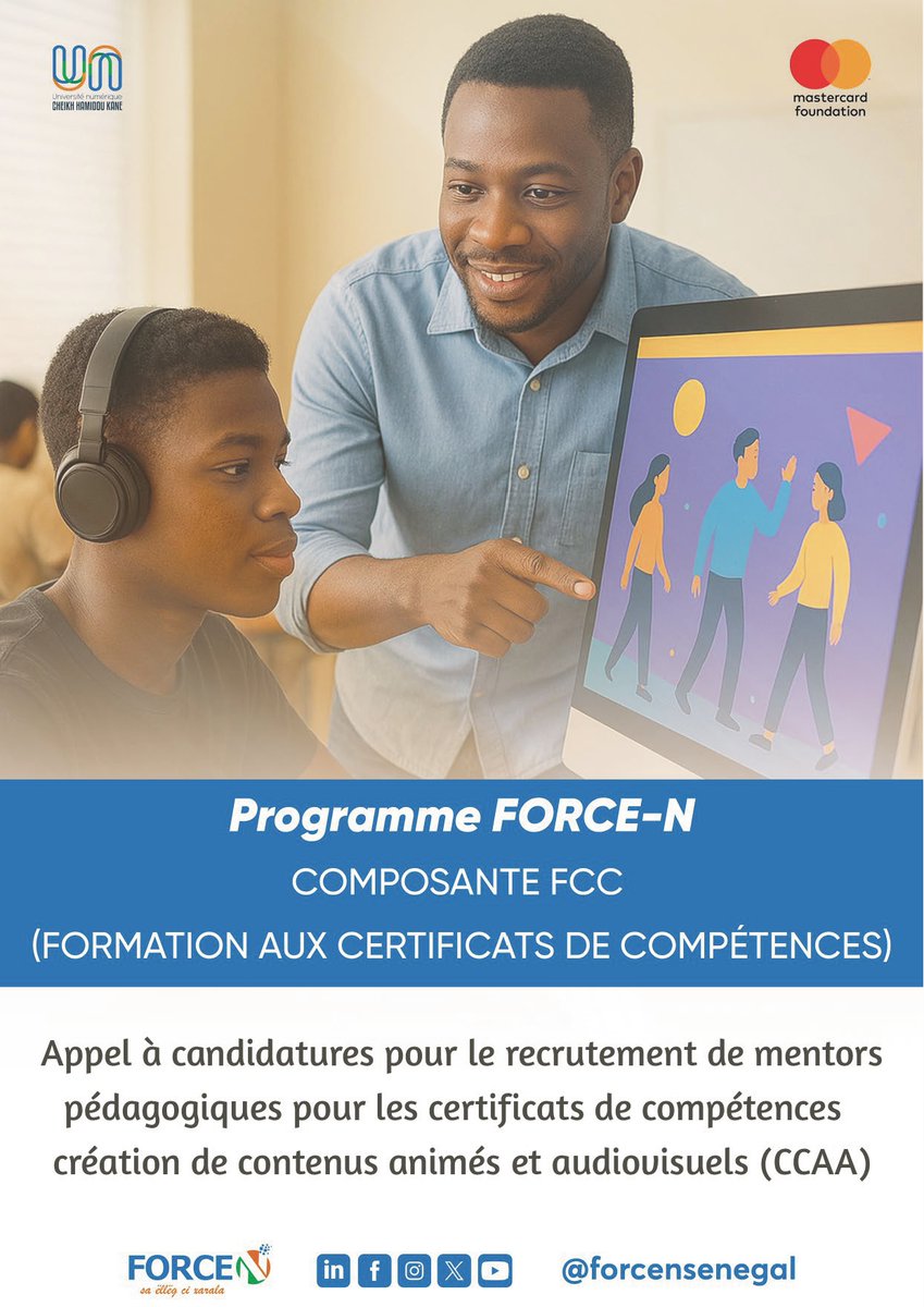forcensenegal's tweet image. 📢Le programme @forcensenegal recrute des mentors pédagogiques pour son parcours Création de Contenus Animés et Audiovisuels.

🔗 Pour plus d’informations, consultez l’appel ici : urlz.fr/uTrV

#forcen #unchk_Sn #MastercardFoundation #recrutement #emploi #kebetu