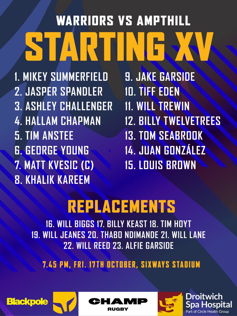 𝐓𝐄𝐀𝐌'𝐒 𝐔𝐏

Here's your Warriors side to take on Ampthill under the lights at Sixways tomorrow!

- Kvesic captains
- Trewin and González start on wings

READ MORE via our Zeeon Matchday Programme - zee-on.com/gamehubplus/wo…

#COYW #WeBuildTogether