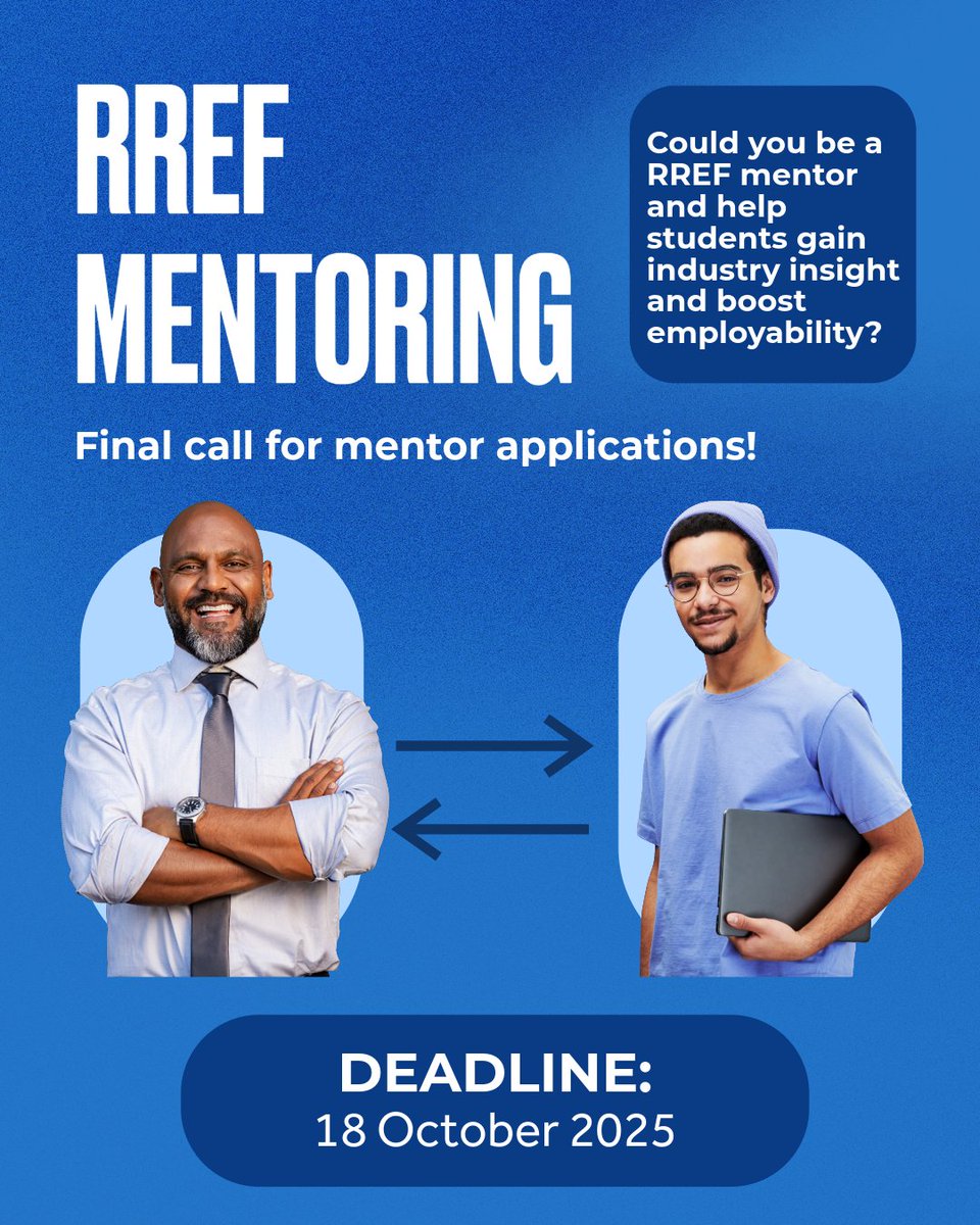 👉The final callout for RREF Mentors is 18 October, 2025. If you have been considering mentoring one of our current students, fill out the mentor application form today: bit.ly/4mBoWuT

💼Or, learn more about our scheme: bit.ly/4npfVGu

#RREF #RREFCharity