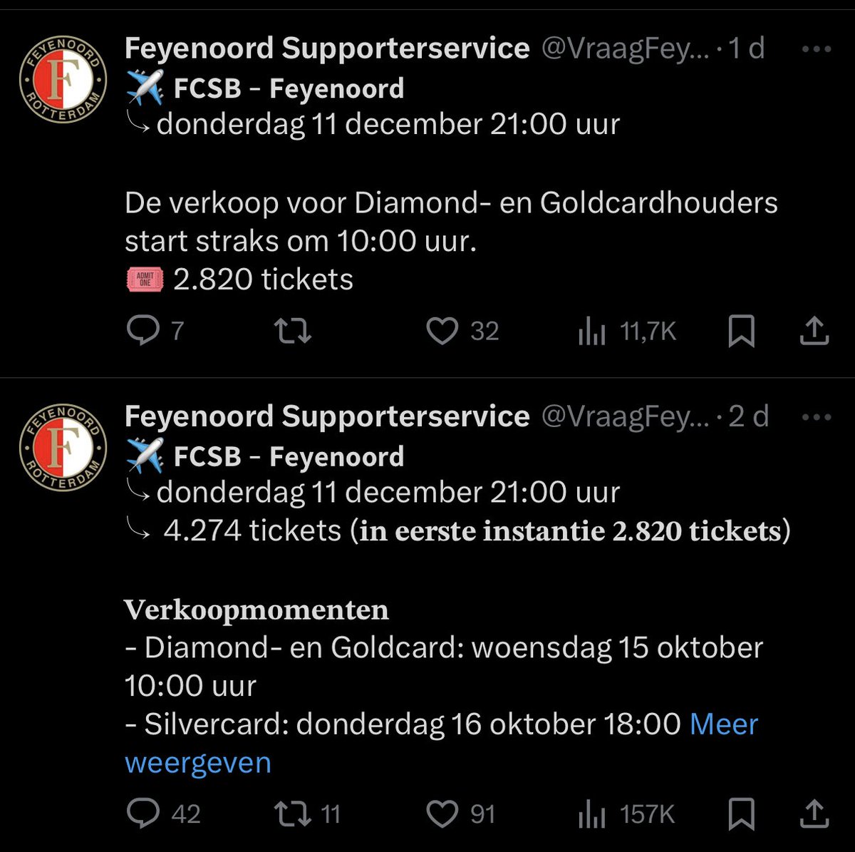 ⁦<a href="/VraagFeyenoord/">Feyenoord Supporterservice</a>⁩ ik nie snap nie. Zijn er nou 2820 of 4274 in de verkoop gegaan? Los van het bericht dat er vrijdag nog een paar honderd bij komen