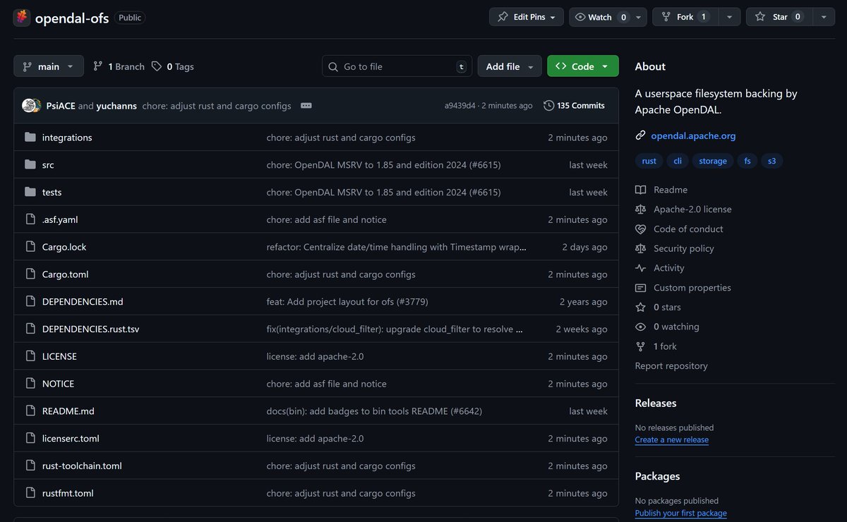 repsiace's tweet image. 🎉 ofs has been split out as a standalone sub-project under Apache OpenDAL, now living at apache/opendal-ofs.
It will continue to explore userspace filesystem ideas built on OpenDAL.

Next up: CI setup, release flow, and independent evolution ahead.

#OpenDAL #Apache #Rust #FS…