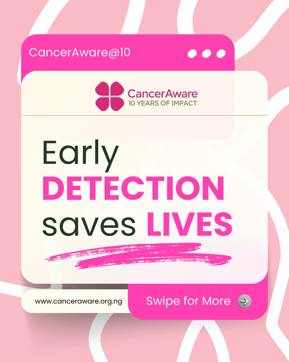 CancerAwareNG's tweet image. Early detection saves lives. 
Ladies, know your body.
Do your self checks.
Go for your annual screening.
Finding #BreastCancer early means it is easier to treat and outcomes are better.
#CancerAwareAt10 #BreastCancerAwarenessMonth 
#CancerAware