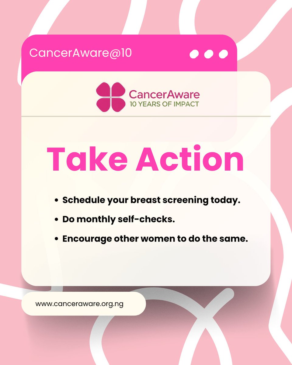 CancerAwareNG's tweet image. Early detection saves lives. 
Ladies, know your body.
Do your self checks.
Go for your annual screening.
Finding #BreastCancer early means it is easier to treat and outcomes are better.
#CancerAwareAt10 #BreastCancerAwarenessMonth 
#CancerAware