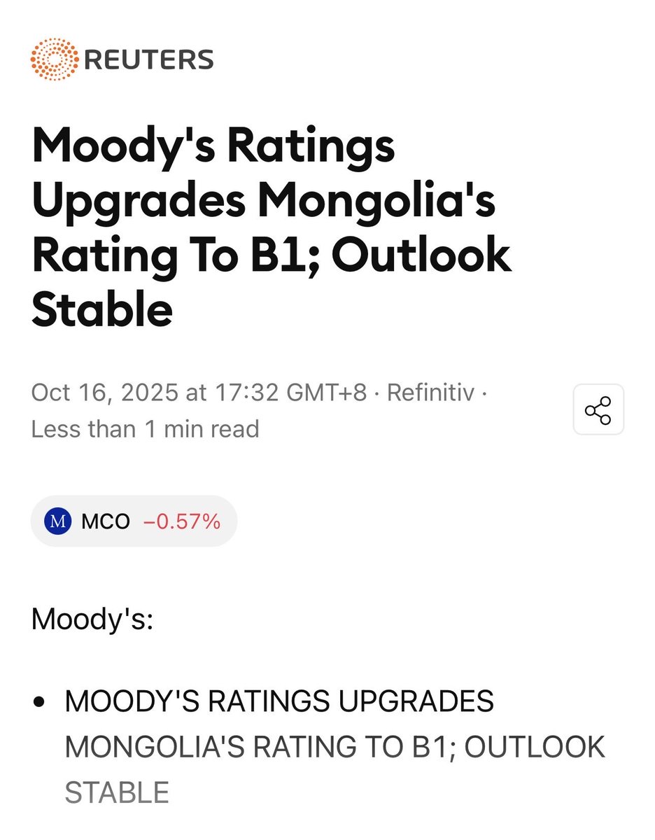 Moody’s Монгол улсын зээлжих зэрэглэлийг В1 (тогтвортой) болгон ахуулжээ 🇲🇳
