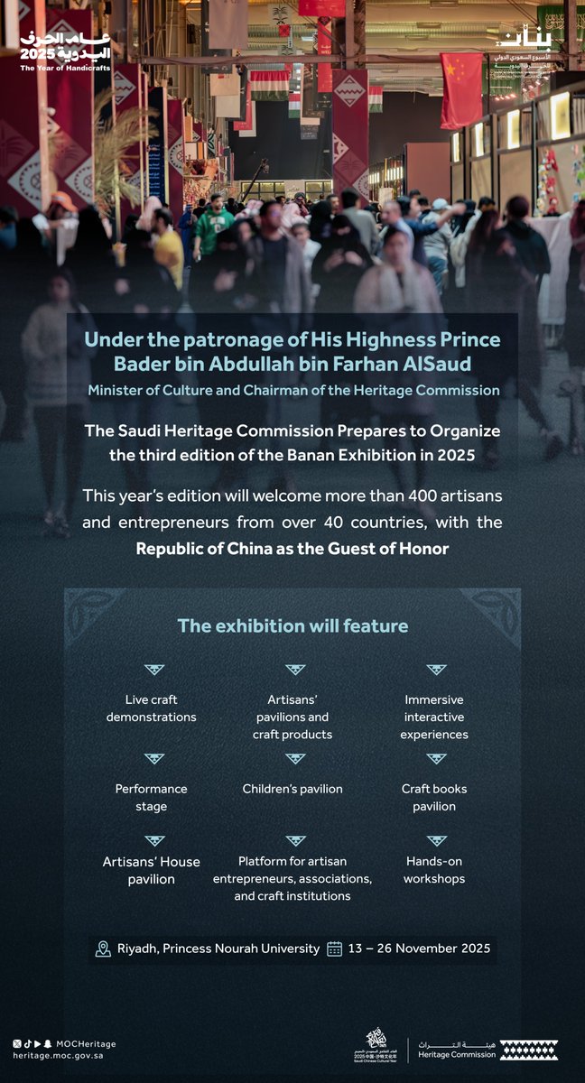 هيئة التراث (@mocheritage) on Twitter photo Under the patronage of H.H. the Minister of Culture and Chairman of the Heritage Commission, <a href="/BadrFAlSaud/">بدر بن عبدالله بن فرحان آل سعود</a>,
the Saudi Heritage Commission is preparing to host the third edition of the Banan Exhibition, as part of its ongoing efforts to preserve the heritage of handicrafts and Under the patronage of H.H. the Minister of Culture and Chairman of the Heritage Commission, <a href="/BadrFAlSaud/">بدر بن عبدالله بن فرحان آل سعود</a>,
the Saudi Heritage Commission is preparing to host the third edition of the Banan Exhibition, as part of its ongoing efforts to preserve the heritage of handicrafts and