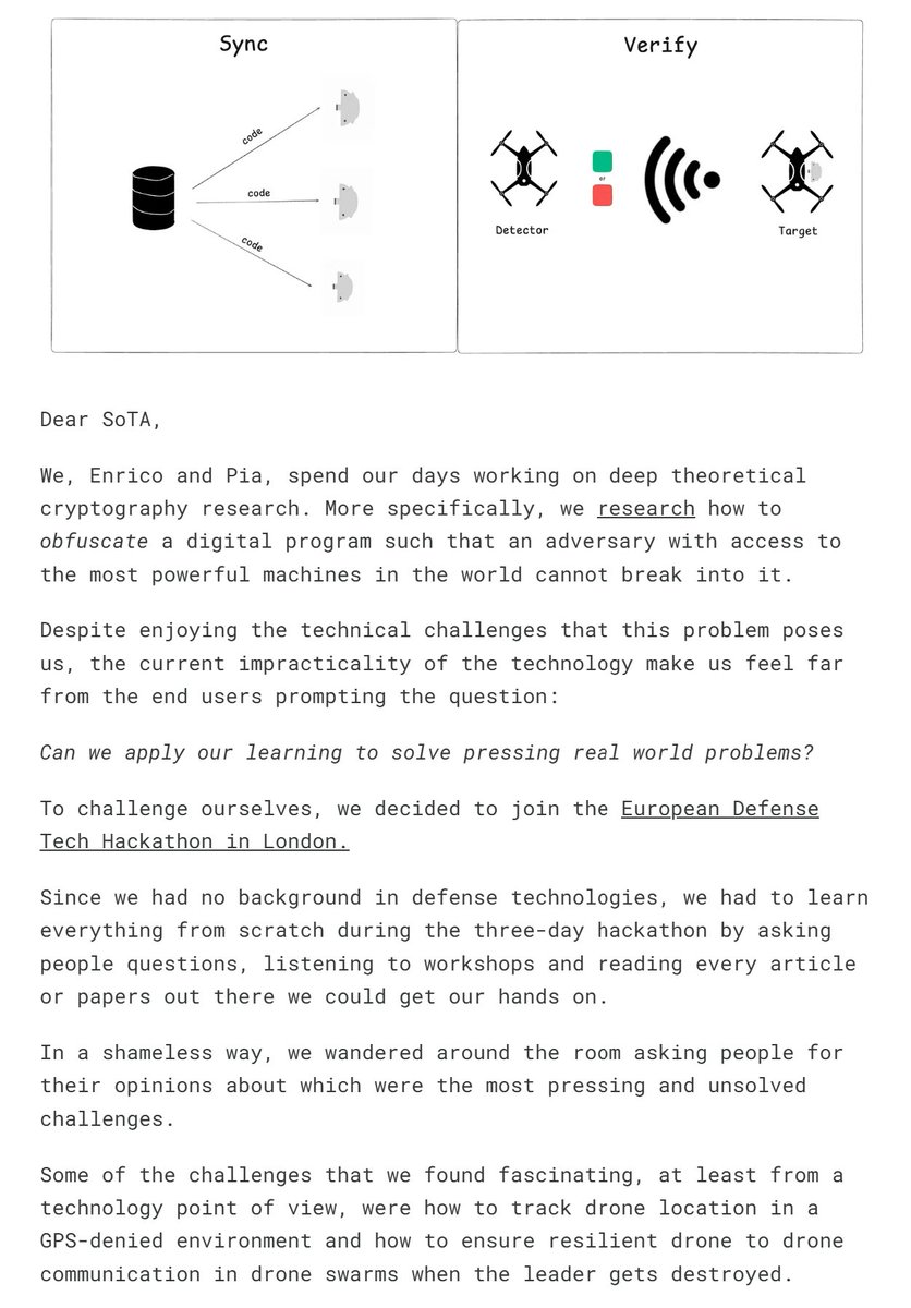In their letter to SoTA, <a href="/0xpiapark/">pia</a> and <a href="/backaes/">Enrico Bottazzi | enrico.eth</a>  describe the journey that led to them winning the European Defence Tech Hackathon in London. 

Instead of chasing cool tech solutions in search of problems, they examined real on-the-ground demands of the battlefield and focused