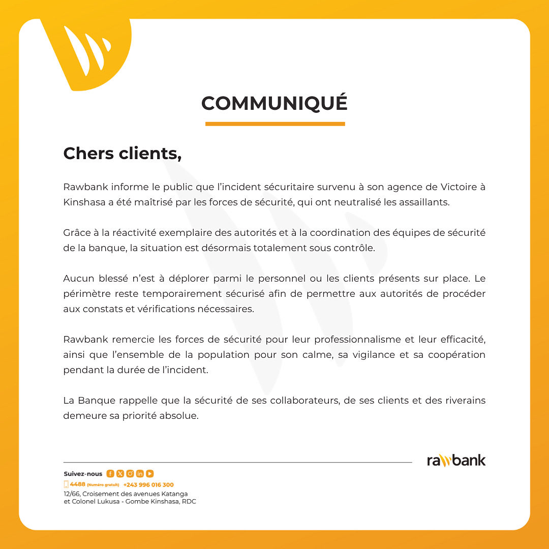 Chers clients,
Nous vous prions de prendre connaissance du communiqué ci-dessous.

#Rawbank #RDC #Audeladunebanque