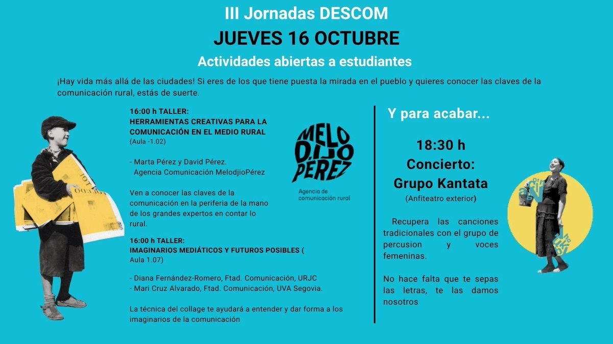 FcomUCLM's tweet image. Esta es la agenda que nos espera esta tarde en la III Jornadas DESCOM🤳
Si eres de los que tiene puesta la mirada en el pueblo y quieres conocer las claves de la comunicación rural ¡estás de suerte!🥳
#uclmers #fcomuclm