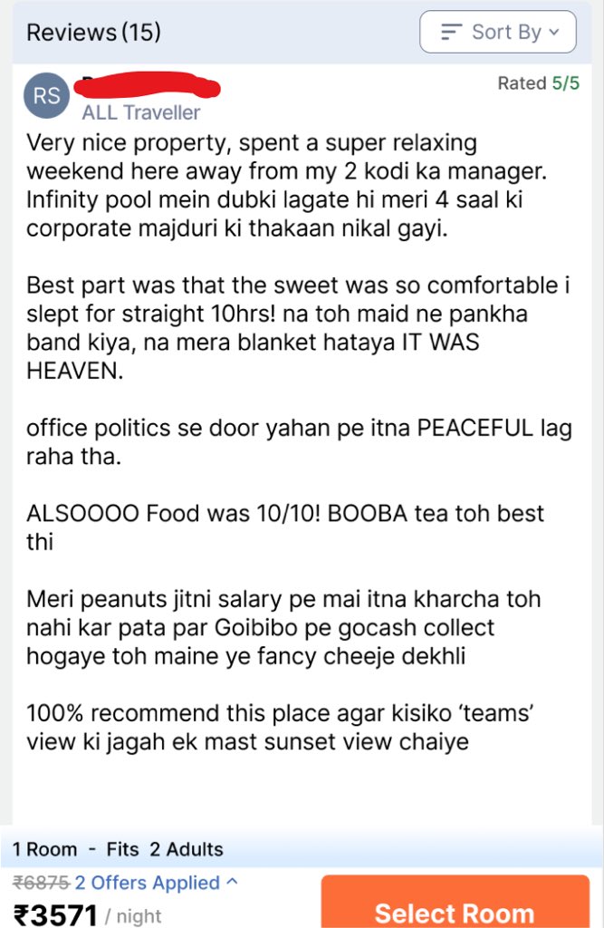 Was looking for a hotel and came across this gem of a review (bhai typoss😭)