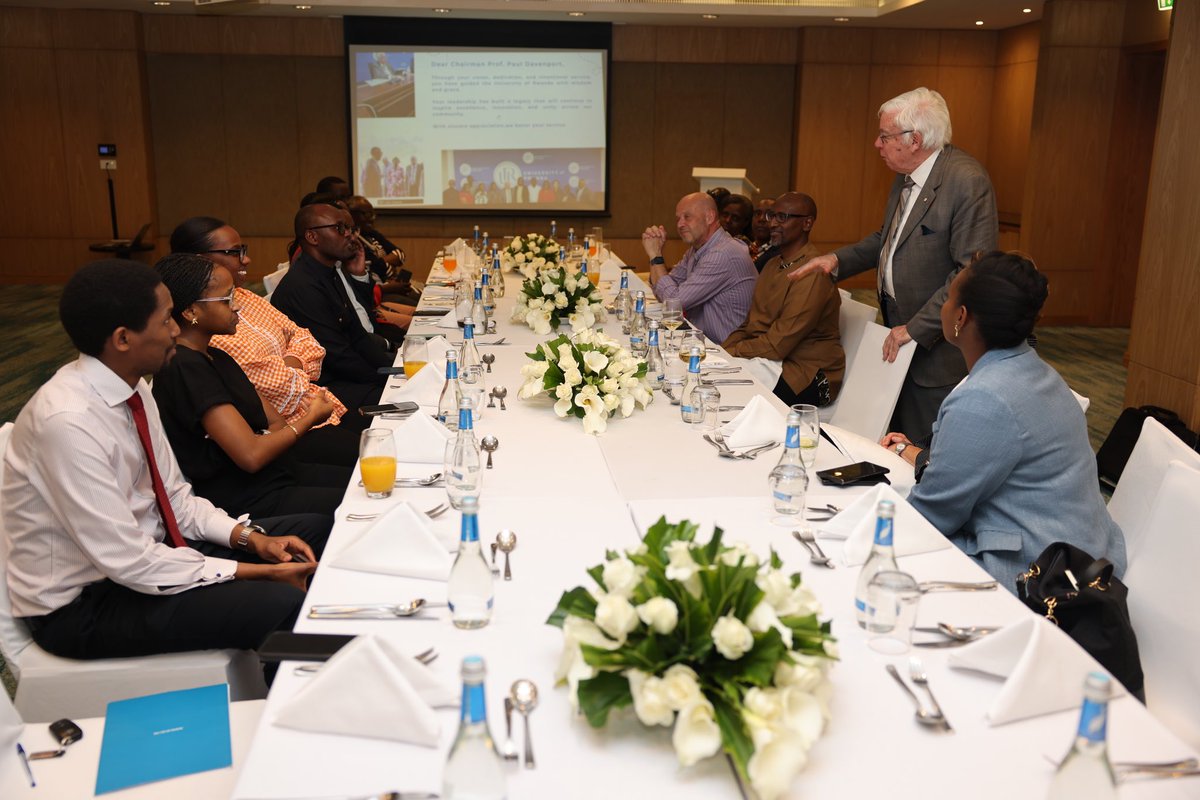 Uni_Rwanda's tweet photo. FAREWELL TO PROFESSOR PAUL DAVENPORT

Yesterday, the outgoing Chairman of the University of Rwanda (UR) Board of Governors, Professor Paul Davenport, chaired his final meeting, marking the conclusion of his tenure that began with the University’s establishment in 2013.

To honour Professor Davenport’s remarkable leadership and invaluable contribution to advancing higher education in Rwanda, a farewell gala dinner was later held in his honour, attended by the @Rwanda_Edu leadership, Chancellor Patricia L. Campbell, and members of the UR Board of Governors.