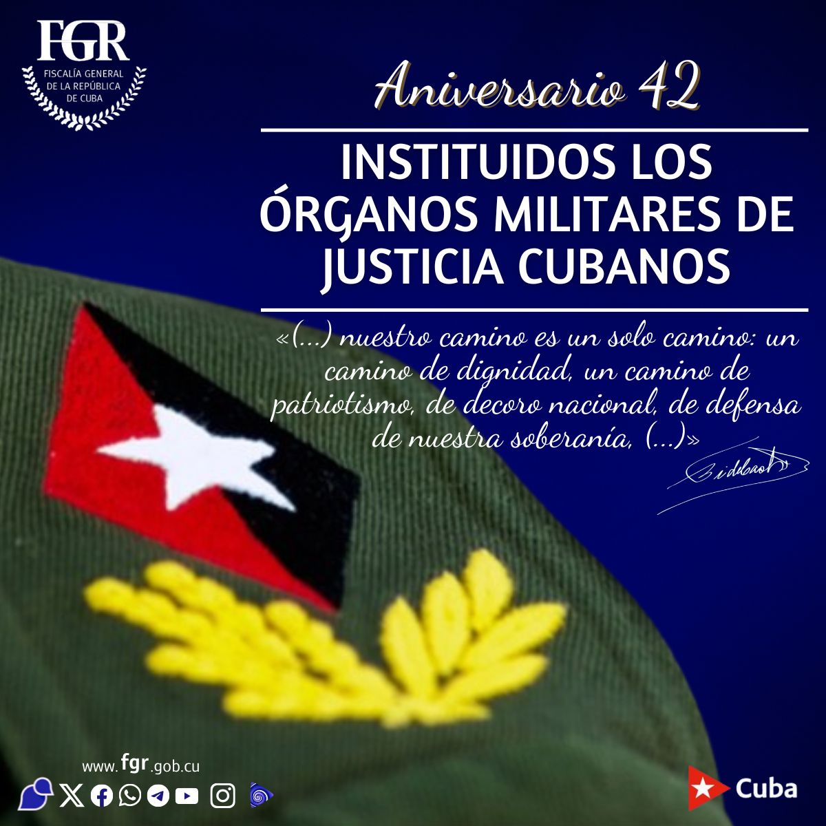🇨🇺 | Los Órganos Militares de Justicia celebran el aniv. 42 de que fuera instituido el 16 de octubre como su día, a través de la Orden No. 8 de 1983 del entonces Ministro de las Fuerzas Armadas Revolucionarias, General de Ejército Raúl Castro Ruz.

👏 | ¡Muchas felicidades!
