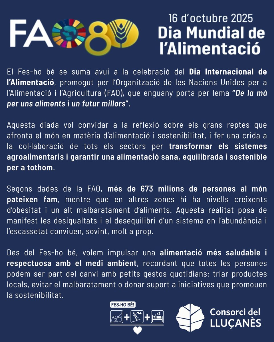 🌍 Avui és el #DiaMundialdelAlimentació, promogut per la FAO amb el lema “De la mà per uns aliments i un futur millors”.

🤝 Des del projecte Fes-ho Bé, on el Consorci del #Lluçanès participa, fem una crida per una alimentació més saludable, equilibrada i sostenible per a tothom.