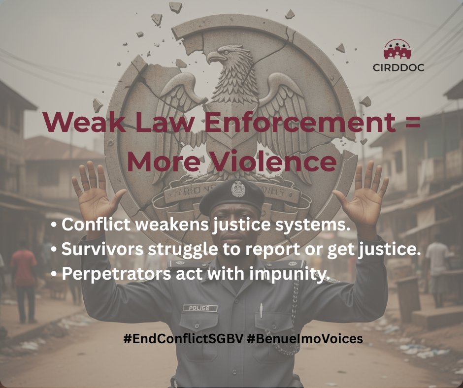 When law enforcement systems are weak, justice suffers, and violence thrives. Strengthening institutions is key to ending conflict-related SGBV.

#EndConflictSGBV #BenueVoices #HumanRightsForAll