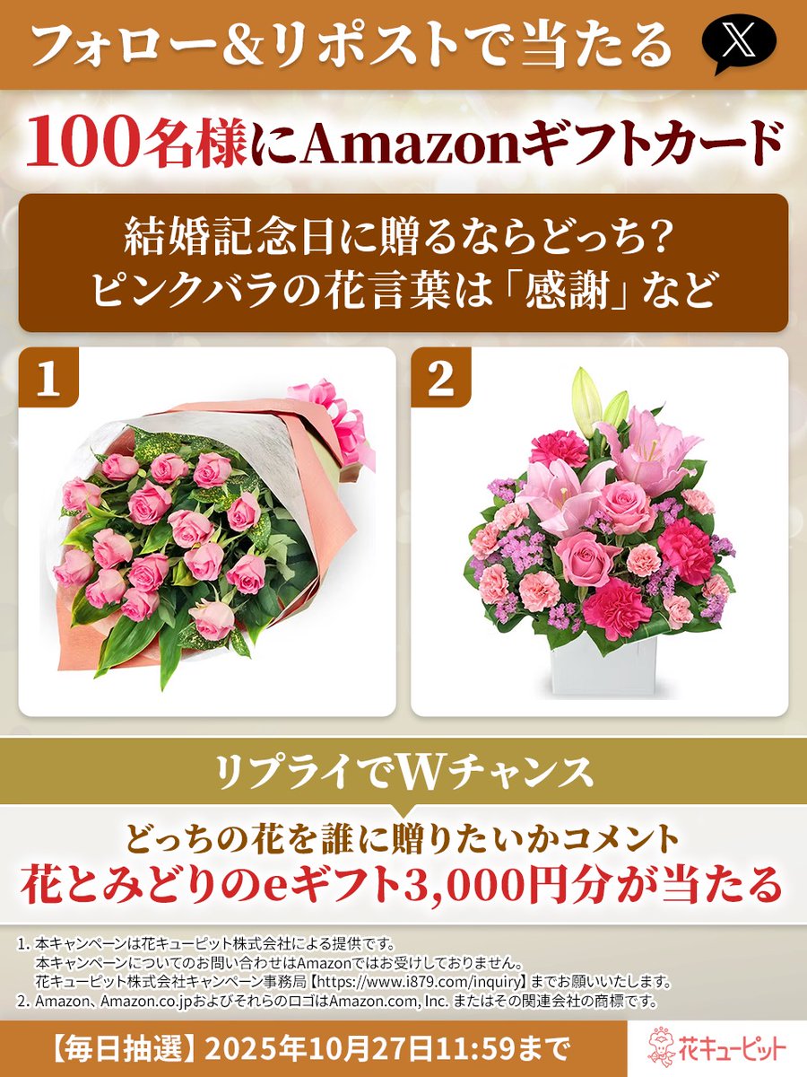 Amazonギフトカード500円分🎁 
フォロー＆リポストで即当選 

リプライでWチャンス📝 
どっちの花を誰にあげたい？💐 
花とみどりのeギフト3000円分が当たる 

▼参加方法 
1️⃣<a href="/i8791/">花キューピット【公式】</a>をフォロー 
2⃣10/23 11:59迄に本投稿をリポスト 
当選者に即DM 
3⃣リプライでWチャンスに参加👇