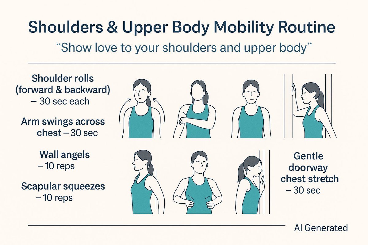 GothandanR's tweet image. 💪 Day 4 – Shoulders &amp;amp; Upper Body Mobility (AI Supported)

Tight shoulders = bad posture 😬

✨ Shoulder rolls
✨ Arm swings
✨ Wall angels
✨ Scapular squeezes
✨ Doorway chest stretch

Gentle mobility = open posture 🌿

#ShoulderMobility #UpperBody #LowImpact #Posture