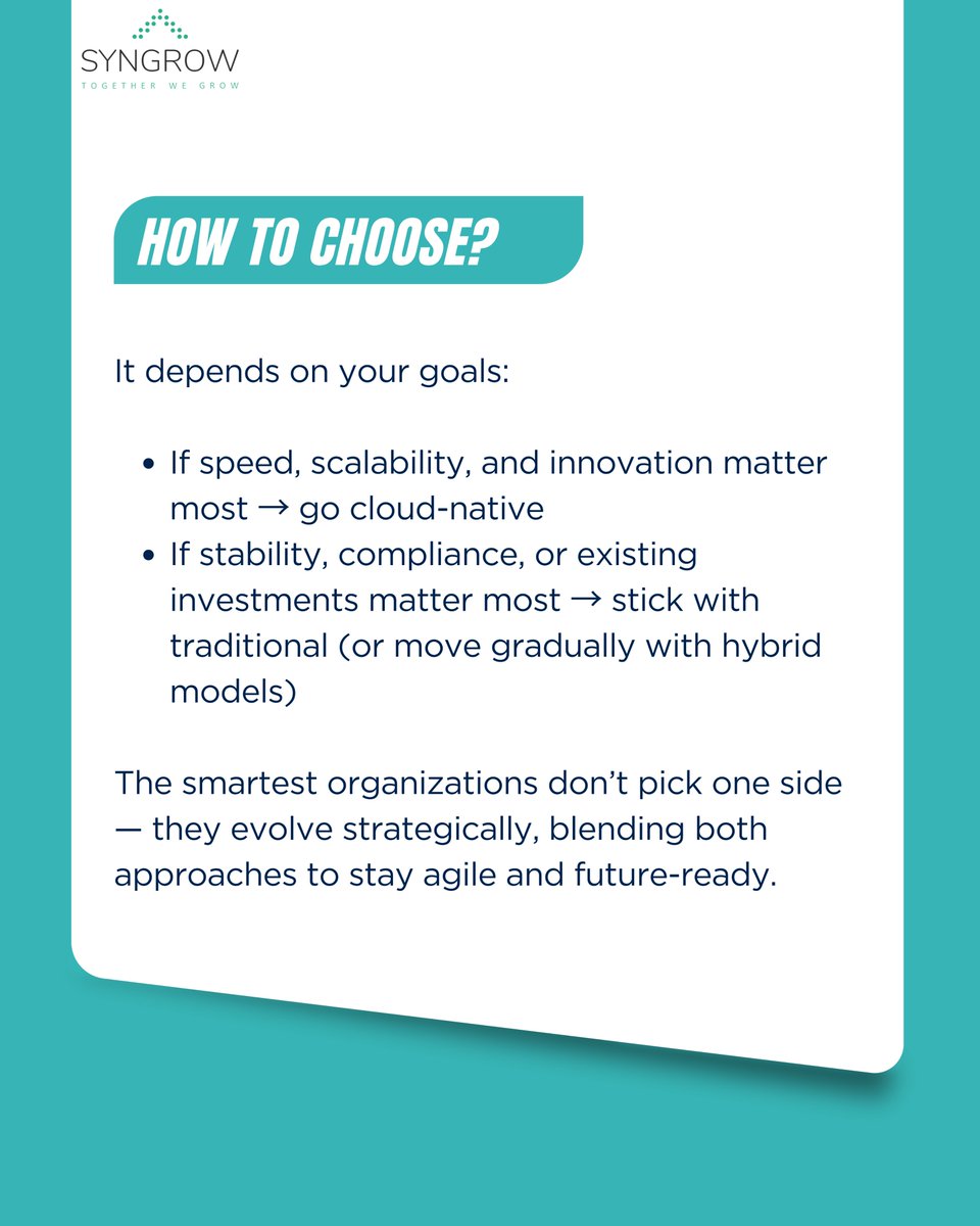 Syngrow_C's tweet image. Cloud-Native or Traditional — which fits your business best? The right choice depends on your goals: agility, scalability, or stability. Smart enterprises evolve strategically — blending both for innovation and control.
#CloudNative #DigitalTransformation #CloudComputing