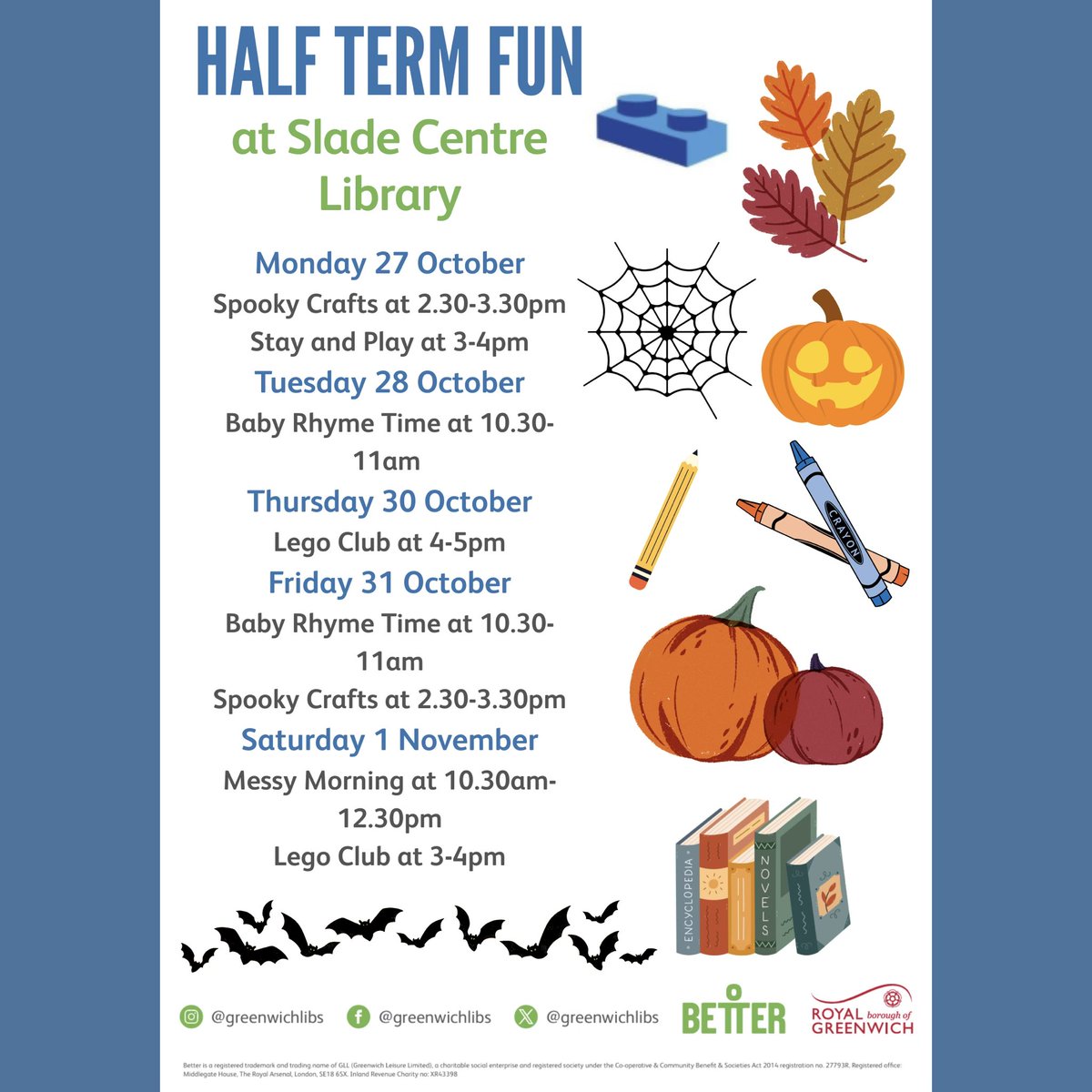 GreenwichLibs's tweet image. We’ve got some exciting things happening at #SladeLibrary this upcoming half term! Join the fun and free activities including Lego adventures, spooky themed arts and crafts, stay and play, books to be borrowed and more! 📚🎃#LoveYourLibrary