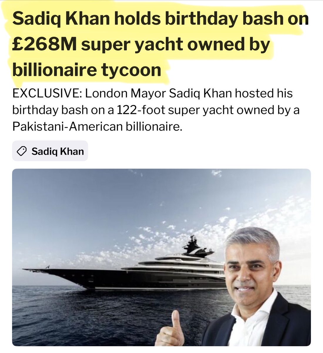 Wait? … What? 

Sadiq Khan the doom monger of net zero and climate urgency, was partying on a superyacht with estimated carbon emissions that could be 5,000–10,000 tonnes of CO₂ a year!

More than 1,000 ordinary UK households would emit.

Rules for thee but not for me 🤡