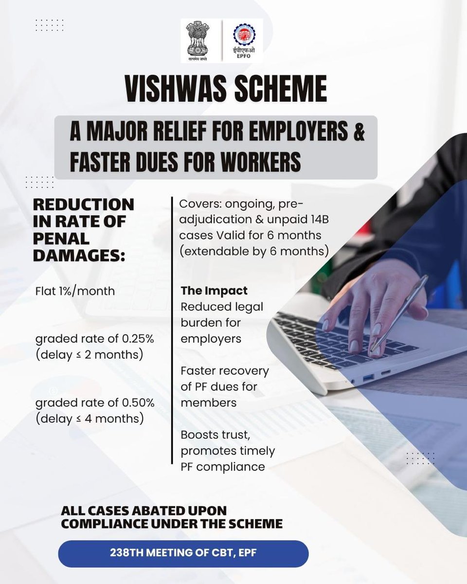 Vishwas Scheme: Relief for Employers &amp; Faster PF Dues for Workers – The scheme reduces penal damages, covers ongoing, pre-adjudication &amp; unpaid 14B cases, and is valid for 6 months (extendable). All cases are abated upon compliance, reducing legal burden, ensuring faster PF