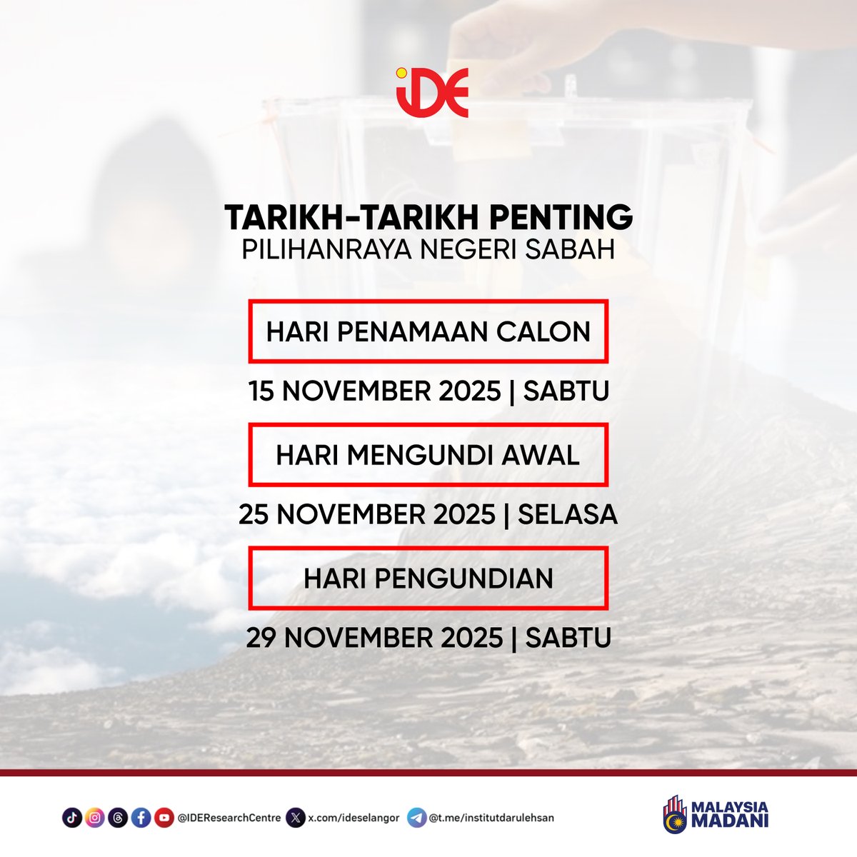 Suhanjaya Pilihan Raya (SPR) hari ini mengumumkan bahawa Pilihan Raya Umum Dewan Undangan Negeri (DUN) Sabah Ke-17 akan diadakan pada 29 November 2025 (Sabtu) bagi mengisi 73 kerusi DUN yang telah dibubarkan.

Berita: iderc.my/pilihan-raya-u…