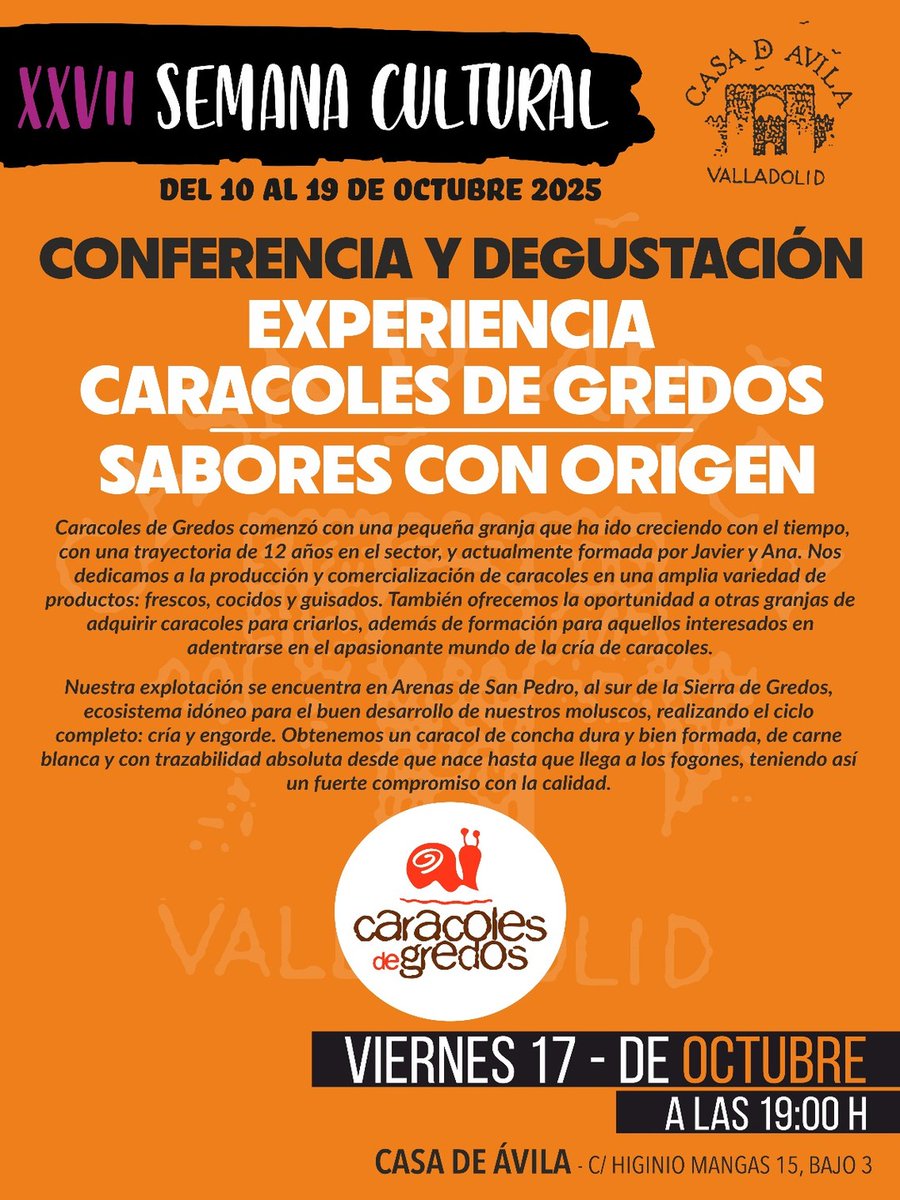 ¡Nos vemos en Valladolid! 
Mañana viernes 17 de octubre en la Casa de Ávila:
 🐌 A las 19:00 h
 🐌C/ Higinio Mangas 15, bajo 3 Valladolid
Hablaremos de nuestro trabajo, nuestra forma de entender la cría del caracol y, por supuesto ¡también podréis probarlos! 🐌
#CaracolesDeGredos