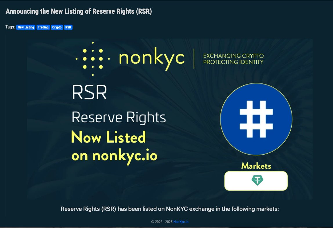 🚨 New Listing Alert 🚨
Reserve Rights #RSR $RSR is now live on NonKyc.io Exchange!
💸 Deposit, Withdraw &amp; Trading are OPEN!
Pair: 👉 nonkyc.io/market/RSR_USDT
Pool: 👉 nonkyc.io/pool/RSR_USDT
❗ No Minimum Deposit ❗
🔍 Proof of Reserve: 👉 nonkyc.io/asset/RSR
🔗