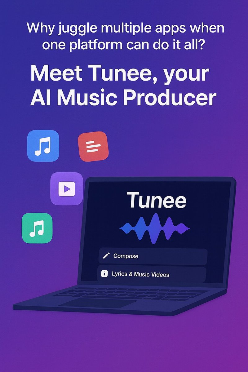 RAVIKUMARSAHU78's tweet image. Why juggle multiple apps when one platform can do it all?
Meet Tunee, your AI Music Producer.
It turns your ideas into songs, creates lyric and music videos, splits stems, remixes, and masters tracks all in one place.