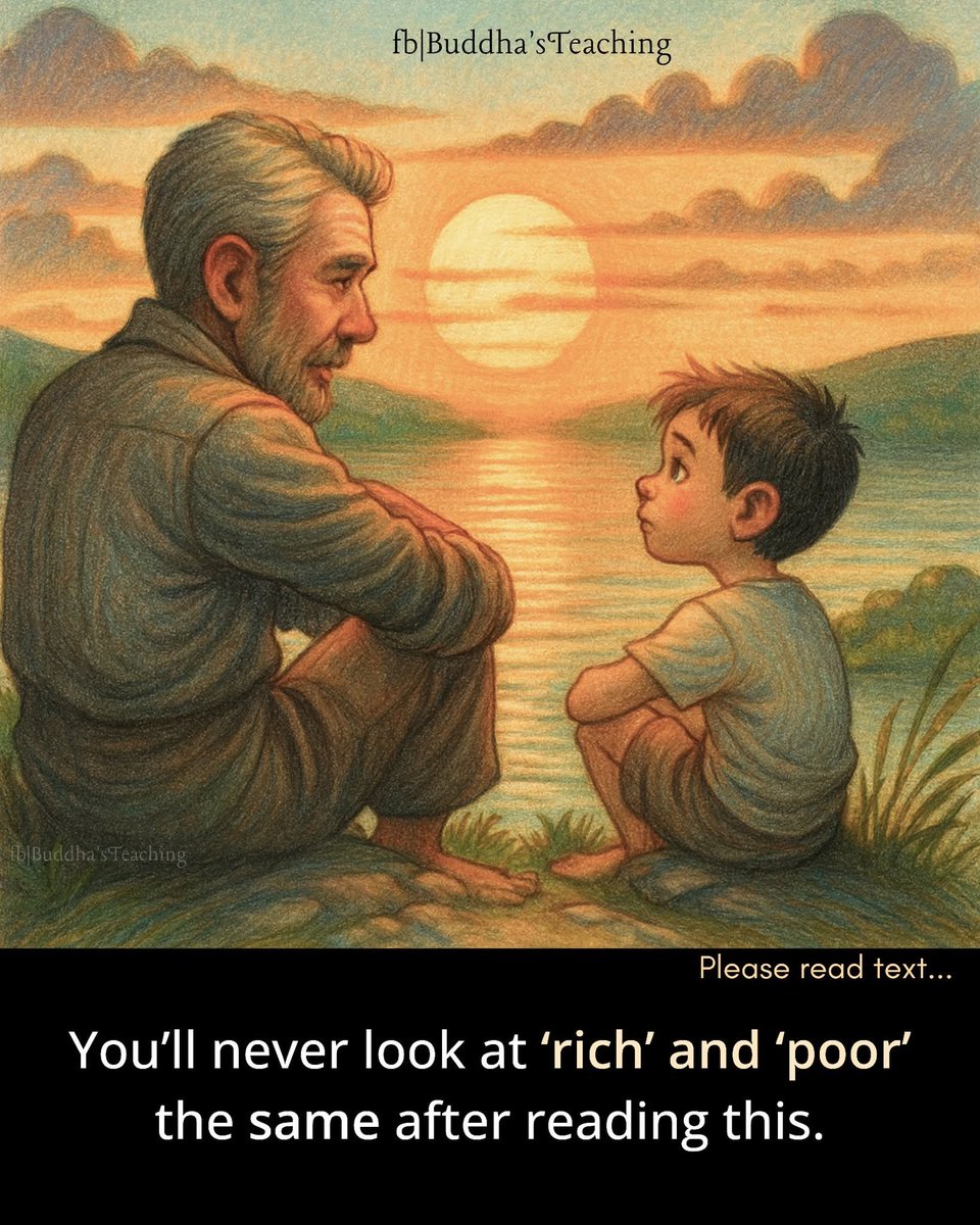 “Rich Yet So Poor" :
One day, a wealthy father wanted to teach his young son what it meant to live without money.
So he sent the boy to spend a few days with a humble farming family in the countryside.

The boy stayed there for three days and three nights.
No air conditioners, no